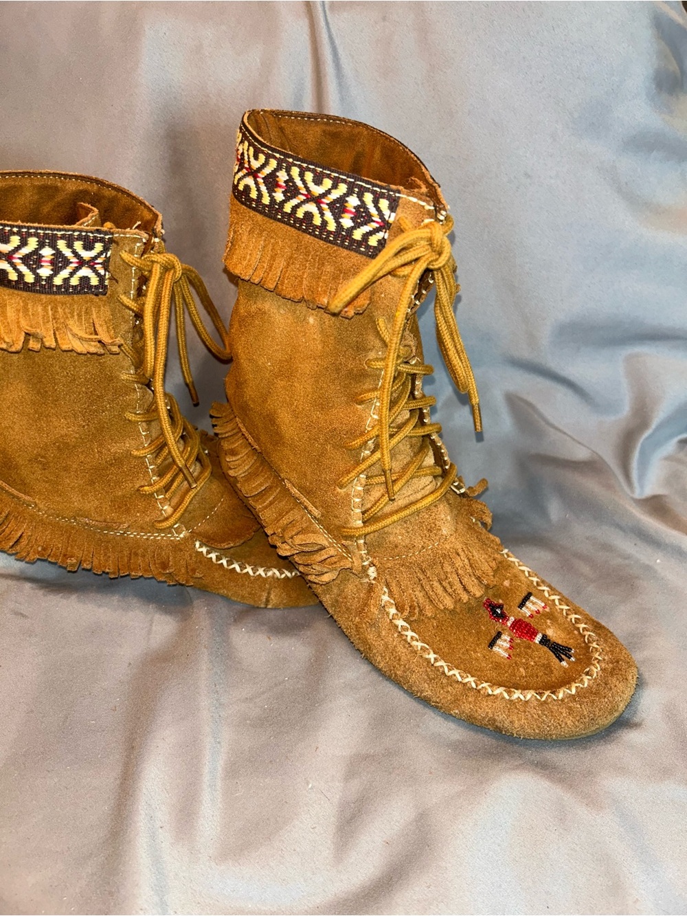 Rare Minnetonka Brown Suede Beaded Fringe Boots Women’s Size 8.5